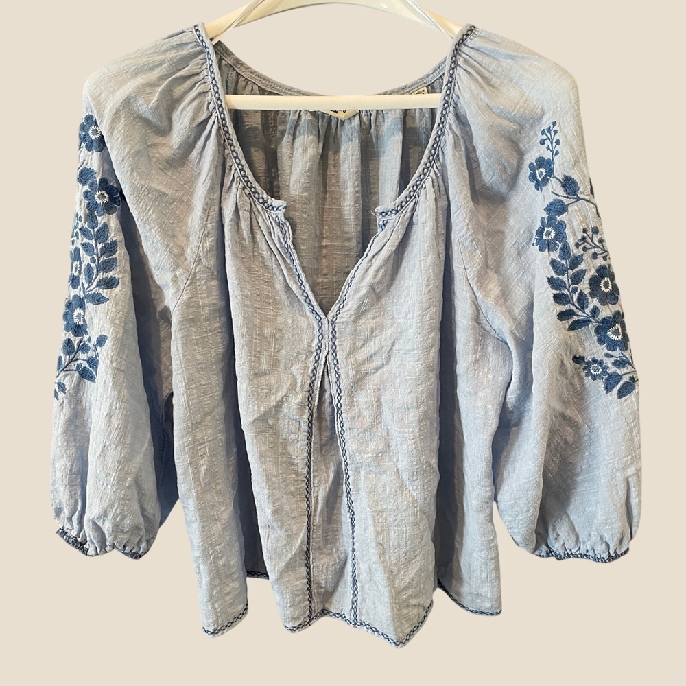 Max Studio London Blue Embroidered Peasant Blouse 3/4 Sleeve 5702E38 XL